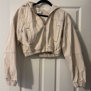BDG Urban Outfitters Cropped Denim Hood Zip Jacket Cream Color Size Small